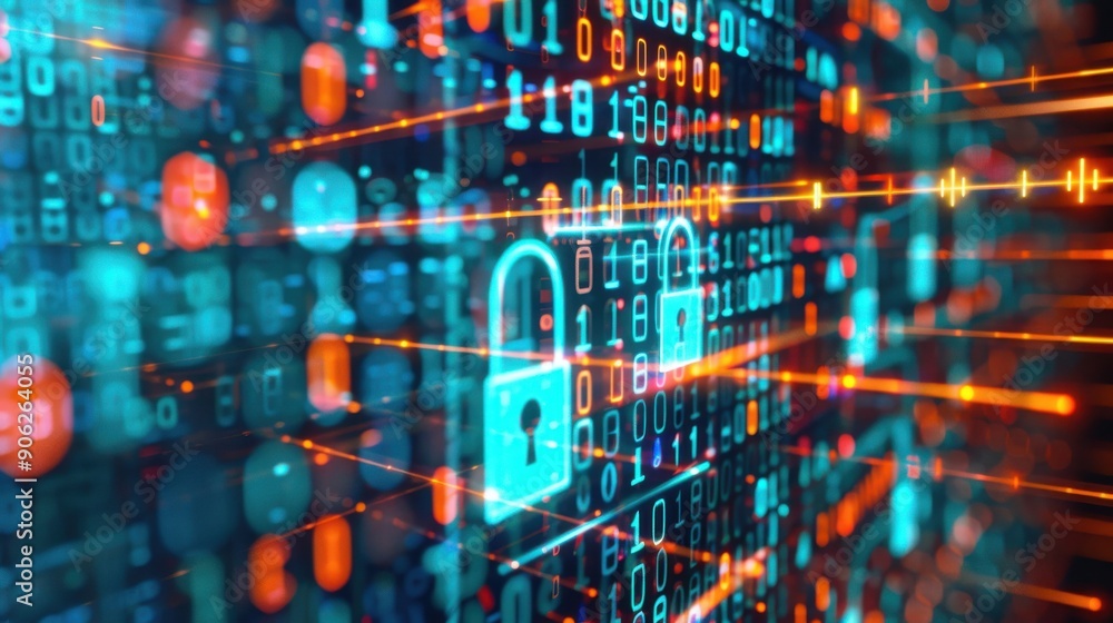 Poster holographic display showing encrypted data flow, encryption, secure data storage