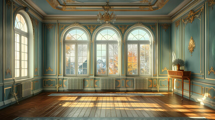Fototapeta premium A grand room with elegant gold trim and a light blue wall color. The room has large arched windows that let in the warm light of the day and offer a glimpse of the trees outside. The wooden floor is p