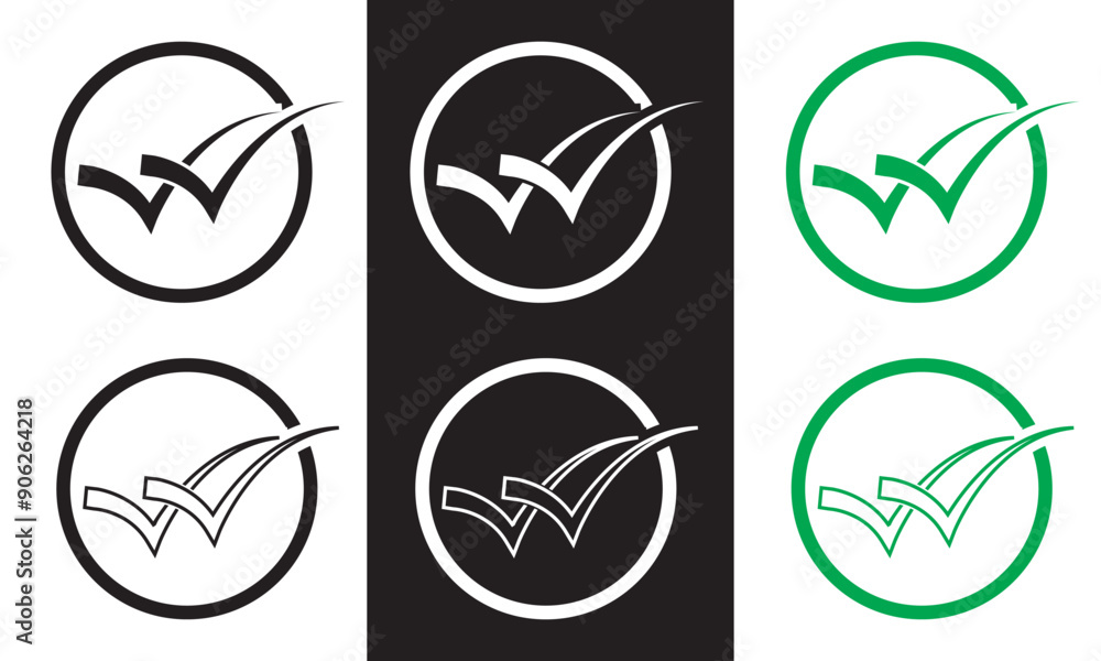 Poster double checking icon. green, black and white double tick, check mark. flat done sticker icon isolate
