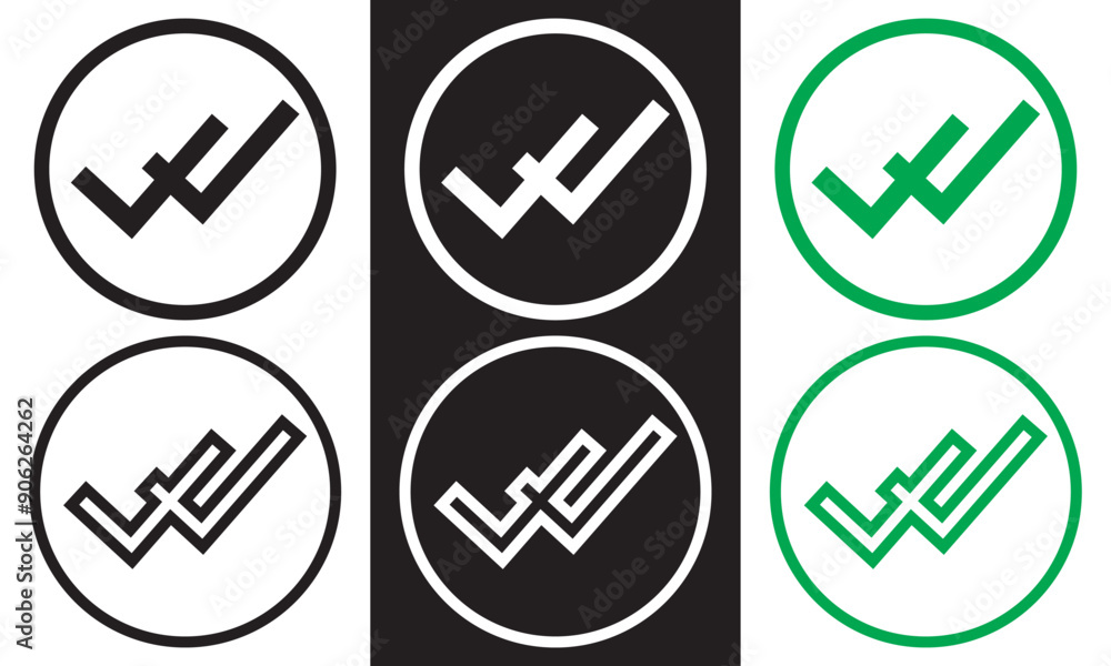 Poster double checking icon. green, black and white double tick, check mark. flat done sticker icon isolate
