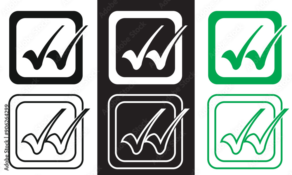 Poster double checking icon. green, black and white double tick, check mark. flat done sticker icon isolate