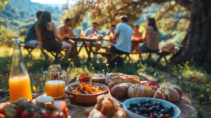 Friends enjoy a picnic lunch in the outdoors with a spread of delicious food and drinks.