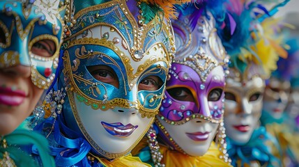 Obraz premium Close-up of colorful Venetian carnival masks with intricate designs.