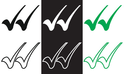 Double checking icon. Green, black and white double tick, check mark. Flat done sticker icon isolated on white and black. Accept button. Good for web and software interfaces. EPS 10