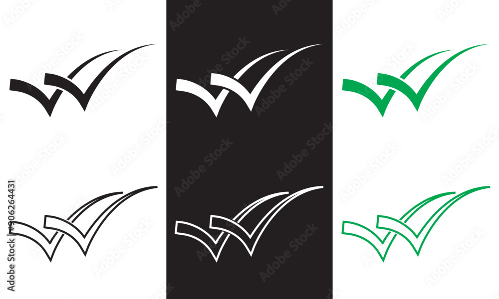 Poster double checking icon. green, black and white double tick, check mark. flat done sticker icon isolate