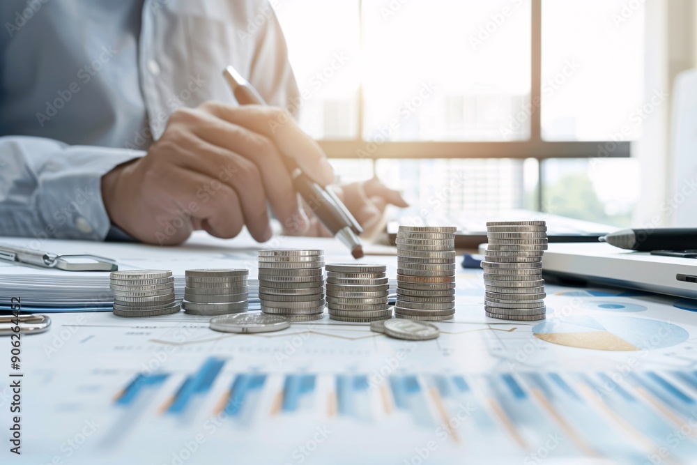 Poster A financial advisor explaining the effects of inflation on investments to a client, with visual aids and charts in the background. The image features ample copy space for additional content or