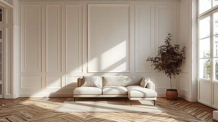 A modern living room with a large white sectional sofa, a potted plant, and a large window that lets in plenty of natural light. The room is decorated with a minimalist style and features white walls 