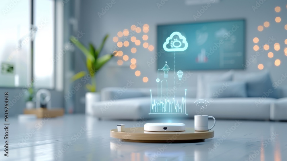 Poster iot home devices connected to a central hub, cohesive and advanced.