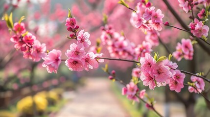 Obraz premium Pink cherry blossoms blooming in spring with a pathway in the background.