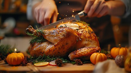 A hand carving a roasted turkey for Thanksgiving dinner.
