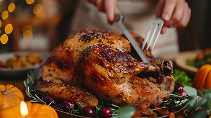 Closeup of a roasted turkey being carved at a Thanksgiving table.