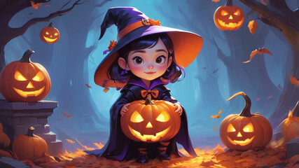 Fototapeta premium cute witch girl holds in her hands a pumpkin carved for Halloween. a girl stands in a night autumn forest shrouded in fog