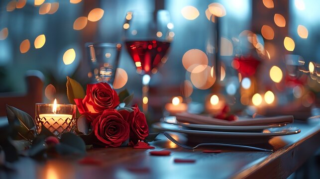 Romantic dinner table setting with candles, roses and wine glass.