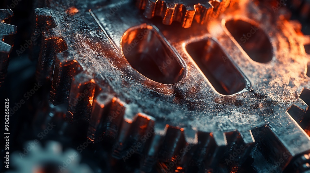 Poster detailed close-up of factory gears and cogs in motion