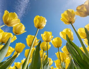 Obraz premium yellow tulps from down perspective and blue sky
