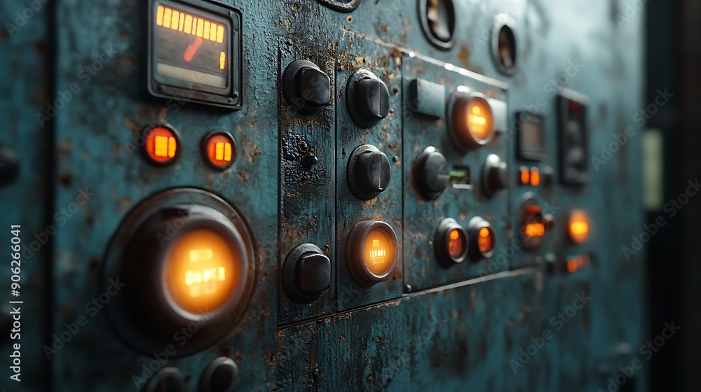 Poster close-up of industrial factory control panel with buttons and led indicators