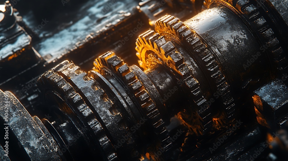 Poster detailed close-up of factory gears and cogs in motion