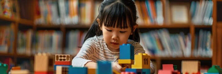 Asian girl playing with educational wooden blocks and developing balance and structure skills in a home library