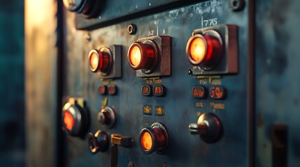 Close-Up of Industrial Factory Control Panel with Buttons and LED Indicators