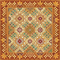Intricate Geometric Pattern with Floral Motifs in Gold, Red, and Green Hues