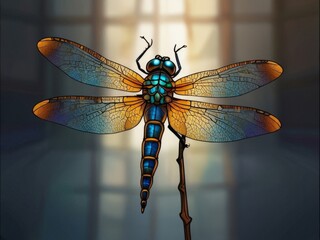 Stained glass vector image of dragonfly. AI generated.