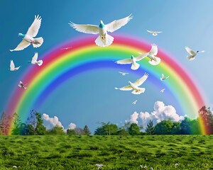 Obraz premium A vibrant rainbow arcing over a peaceful meadow, with white doves flying above, set against a clear blue sky.