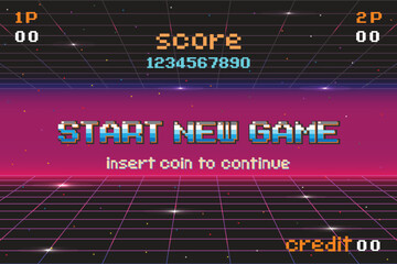 START NEW GAME. insert coin to continue. pixel art .8 bit game. retro game. for game assets in vector illustrations.