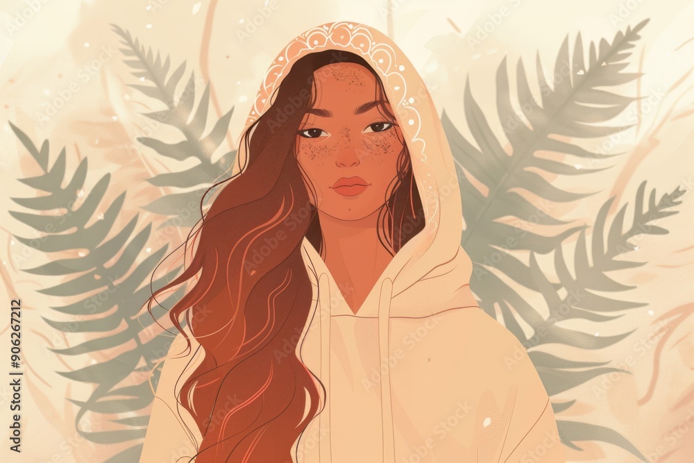 Wall mural Chinese minimalism illustration, portrait of a dark-skinned woman with long, wavy copper hair styled with a patterned headscarf, wearing a comfortable hoodie, flat illustration 