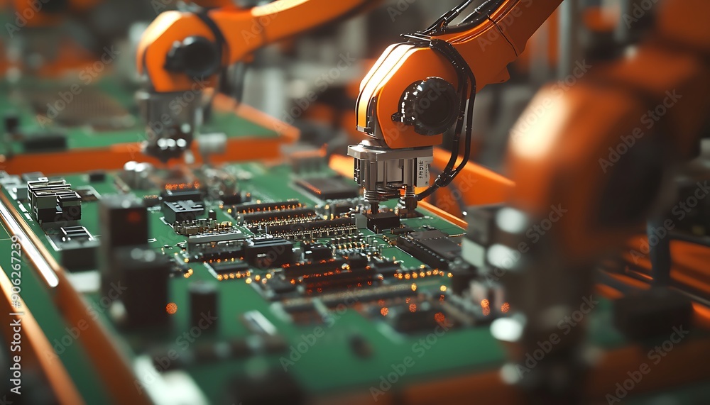 Poster close-up of factory assembly line with robotic arms assembling electronics