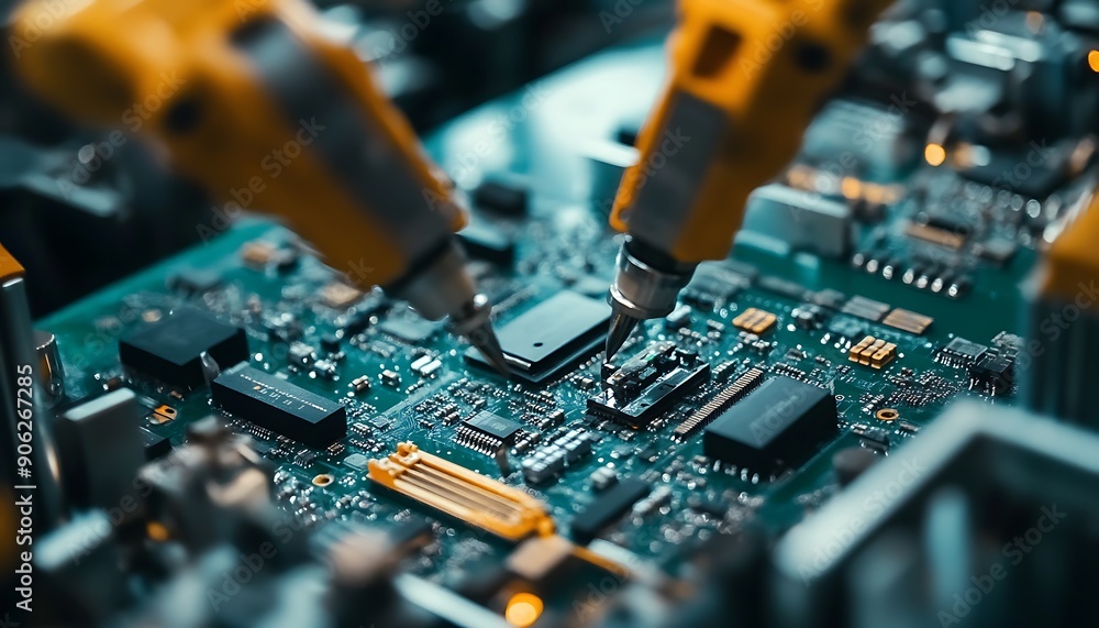 Poster close-up of factory assembly line with robotic arms assembling electronics