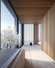 Relaxing oriental inspired interiors composition with beige wall panels, minimal furniture and contrasting lighting. Contemporary Real Estate composition.