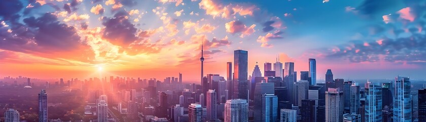 Fototapeta premium Dramatic Panoramic City Skyline with Towering Skyscrapers and Vibrant Sunset Sky