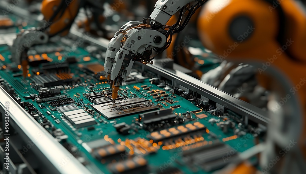 Poster close-up of factory assembly line with robotic arms assembling electronics