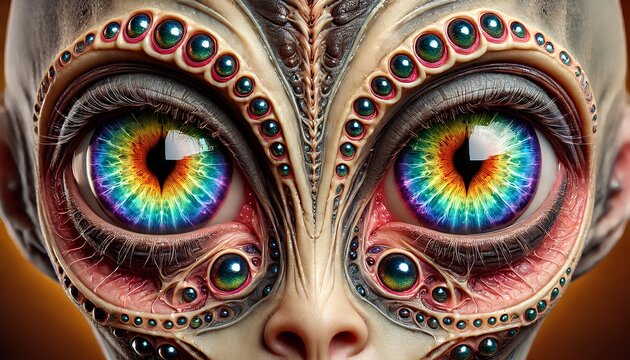 A detailed image of alien eyes with unique, otherworldly features and vibrant, unusual colors, patterns, and shapes.