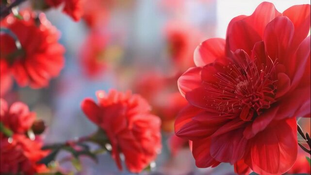 Animated red flowers. Rose blossoms in the garden.