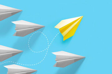 Concept diversity, difference from the rest. Symbolic take-off paper plane. Focusing on achieving a goal, pursuing a dream.