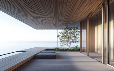 Relaxing oriental inspired interiors composition with beige wall panels, minimal furniture and contrasting lighting. Contemporary Real Estate composition.