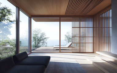 Relaxing oriental inspired interiors composition with beige wall panels, minimal furniture and contrasting lighting. Contemporary Real Estate composition.