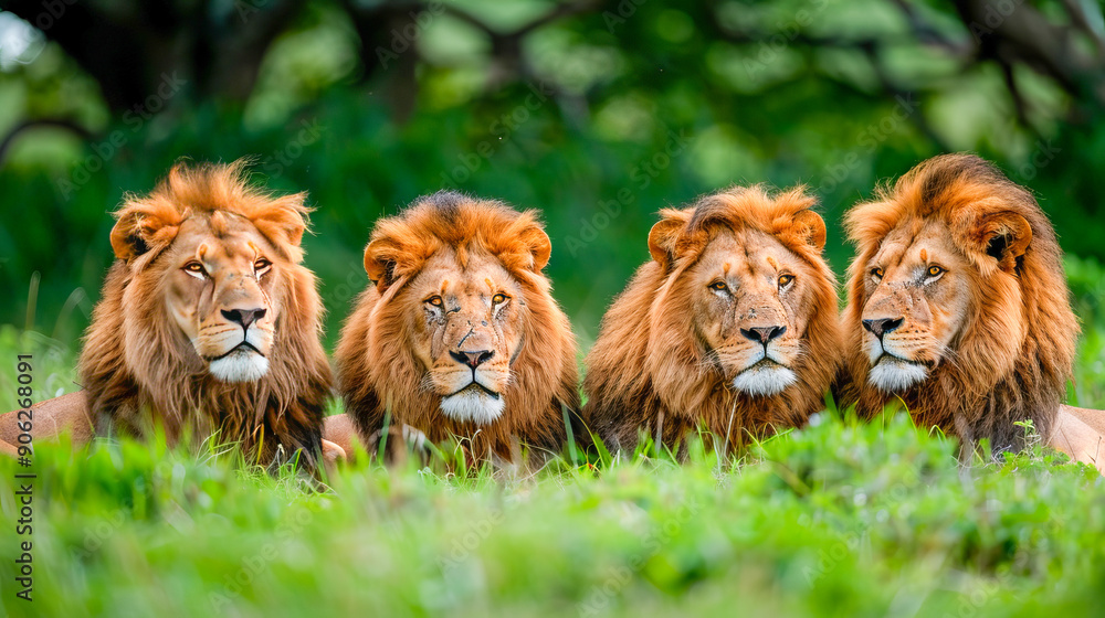 Wall mural Four majestic lions relaxing in the grass on world lion day