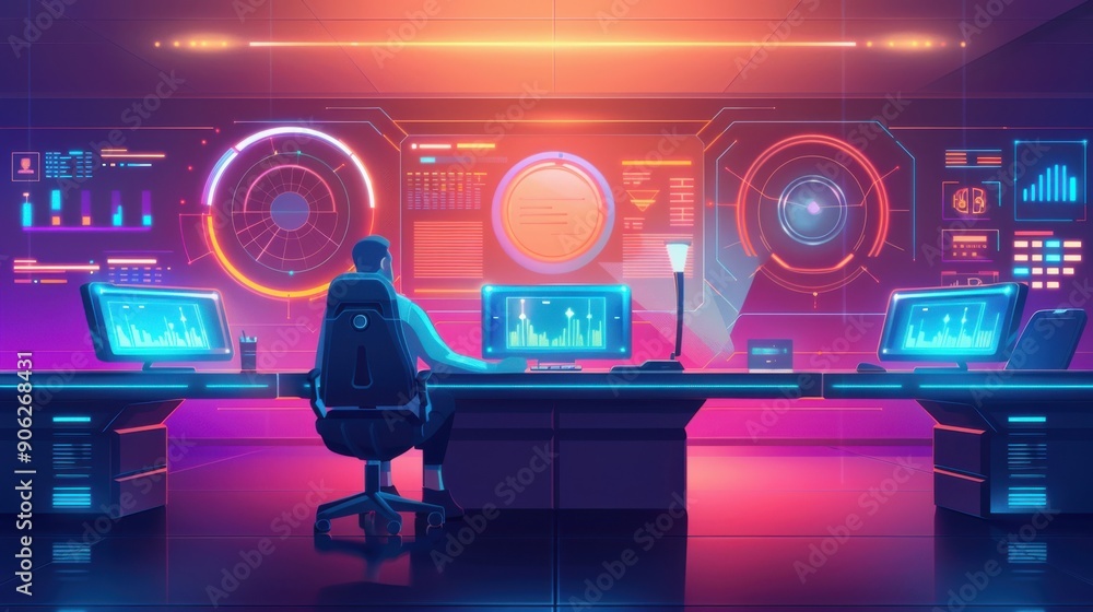 Poster office scene with a team working on a floating holographic interface, showing innovation. futuristic