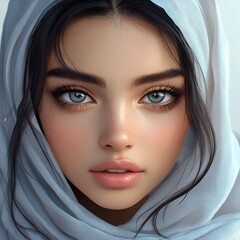 Fototapeta premium A stunning close-up of a young woman with striking blue eyes, wearing a light blue headscarf, exuding beauty and grace.
