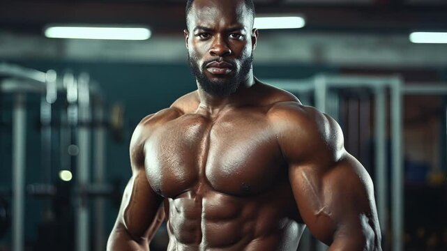 Muscular Black man flexing in gym, bodybuilding and fitness motivation concept
