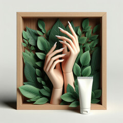 A mannequin's hands are surrounded by green leaves and a tube of lotion