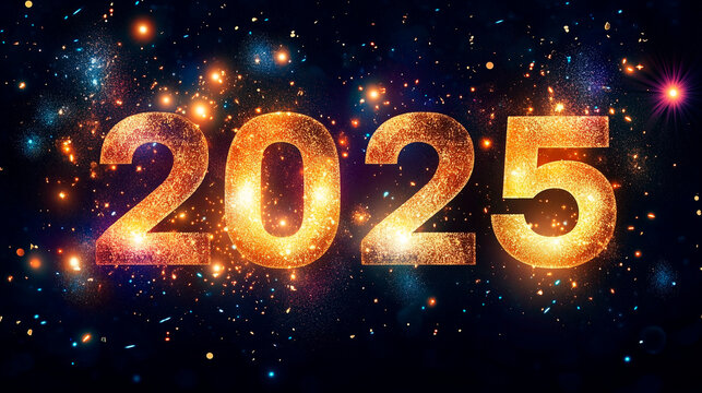 Festliches Willkommen 2025 mit Feuerwerk und Glitzer. Perfekt f&uuml;r Neujahrsfeiern, Silvesterpartys und festliche Dekoration.