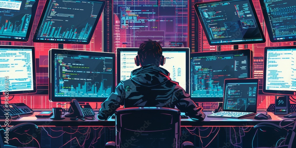 Fototapete A programmer writing code on multiple screens, surrounded by lines of code, symbolizing software development and coding skills