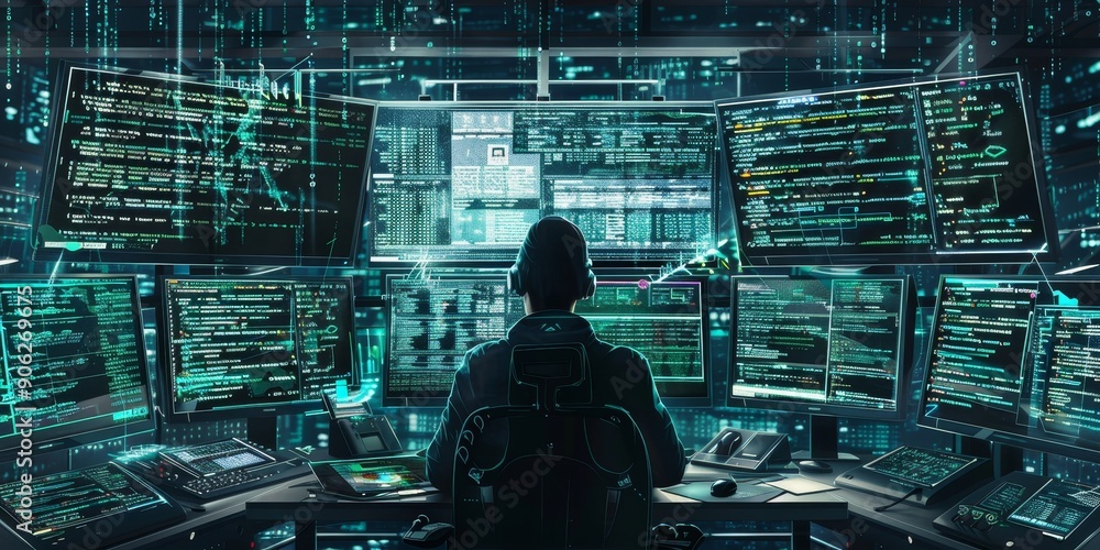 Aufkleber A programmer writing code on multiple screens, surrounded by lines of code, symbolizing software development and coding skills