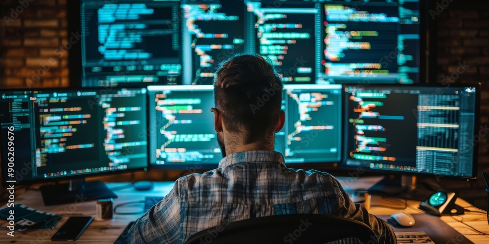 Poster A programmer writing code on multiple screens, surrounded by lines of code, symbolizing software development and coding skills