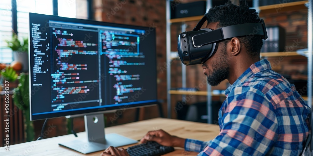 Aufkleber A programmer using virtual reality technology to simulate coding environments, showcasing futuristic programming tools