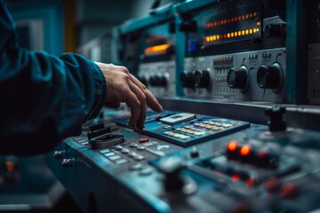 Close up of cnc machine control panel being operated for precise data input in photography shot
