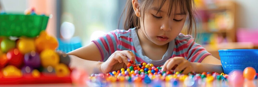 Preschool girl engaged in sorting beads enhancing cognitive and motor skills in an educational environment
